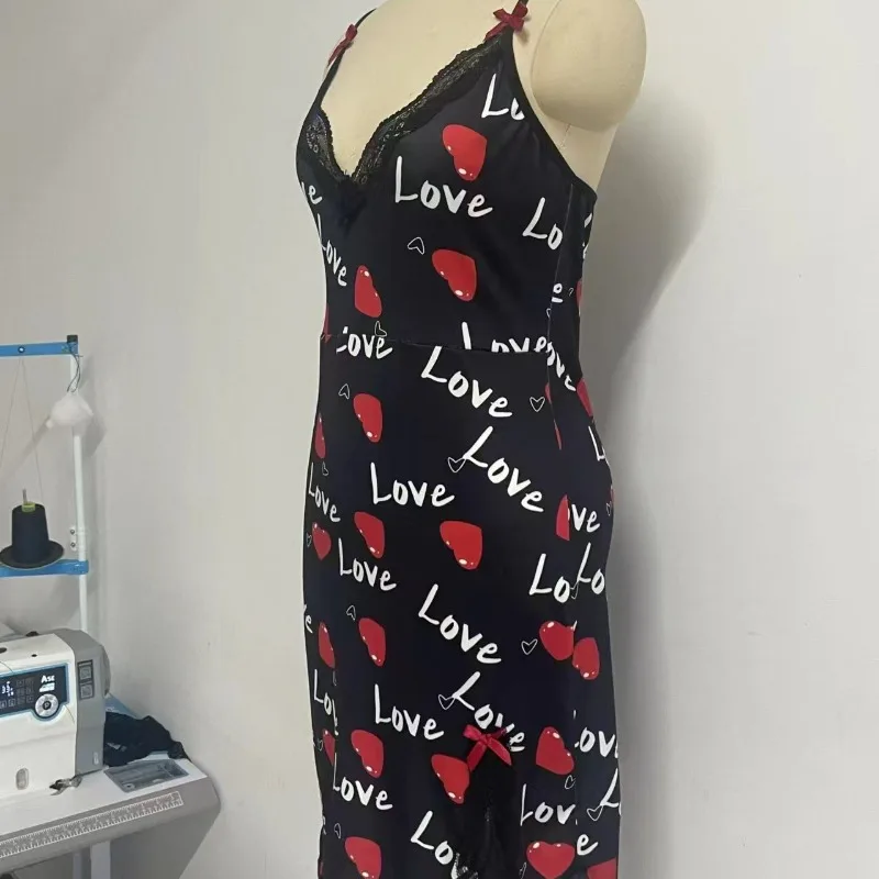Lace Edge V-Neck Sling Side Split Sleepwear Women's Printed Love Letter Black Home Sling Dress Pajamas 5 Sd5478cfa85414195aa4c68c3caf55db9J