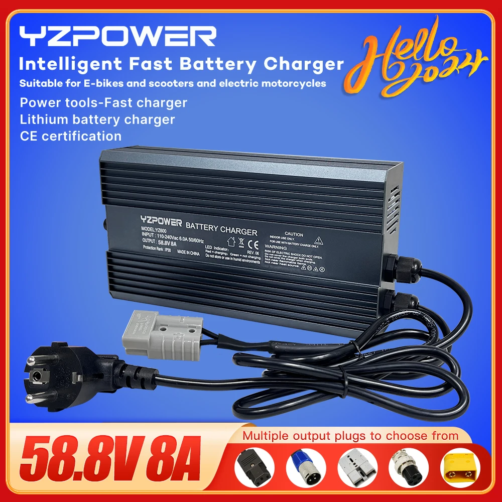 

YZPOWER 58.8V 8A 14S Lithium Battery Charger with Output Plug for 48V Electric Bike Safe Fast Charging with Fans with Display