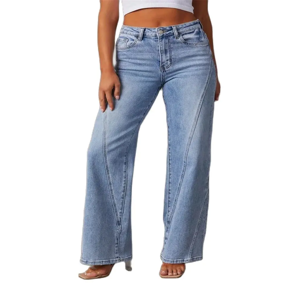 

Spring/Autumn 2024 Fashion Euro-American Style Light Blue Jeans Women Mid Waist Straight Type Wide-Leg Cowboy Pants