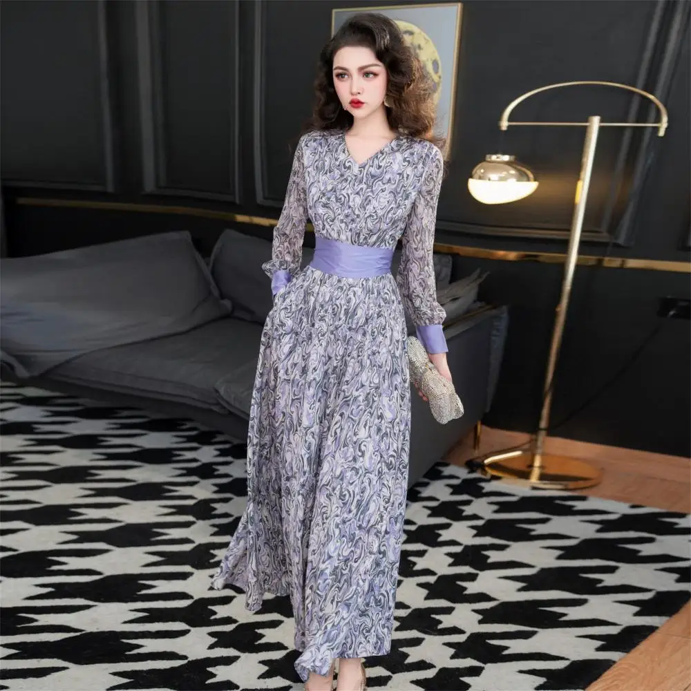 

2022 New Spring Autumn French Woman Long Dress V-Neck Printing Clothing for Women Waist-Tight Evening Dressed Holidays Clothes