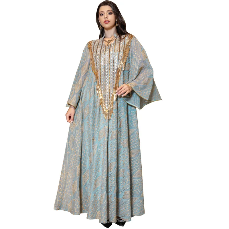 

Muslim Evening Dress Arabian Dubai Dress Mesh Embroidered Sequined Robe Middle Eastern Women Abaya jalabiya