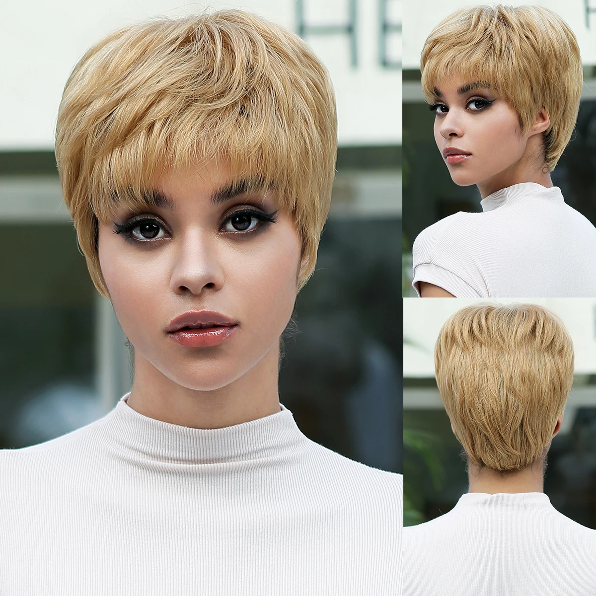 

Golden Bob Pixie Cut Wig Cheap Human Hair Wig For Black Women Glueless Wig with Bangs Short Straight Blonde Remy Human Hair Wig