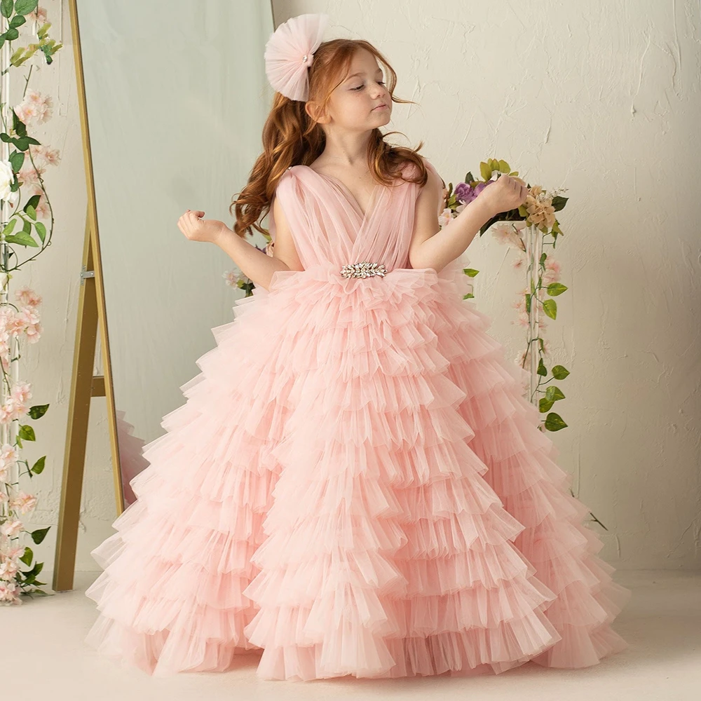 

Платье для девочки с цветами, розовое многослойное платье из тюля с V-образным вырезом, без рукавов, для свадьбы, элегантное цветочное детское платье для первого дня рождения