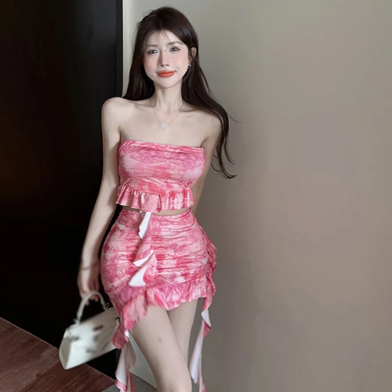 

2 Piece Outfit Set Top Skirt 2 Piece Set Korean Version Summer Print Flounce Skir Slim Sexy Irregular Tube Top