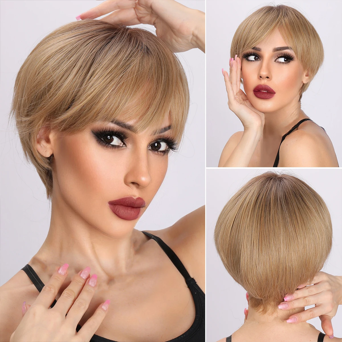 

Short Blonde Gold Synthetic Wigs With Bangs For Male Women Natural Pixie Cut Straight Layered Wig Daily Heat Resistant Hair