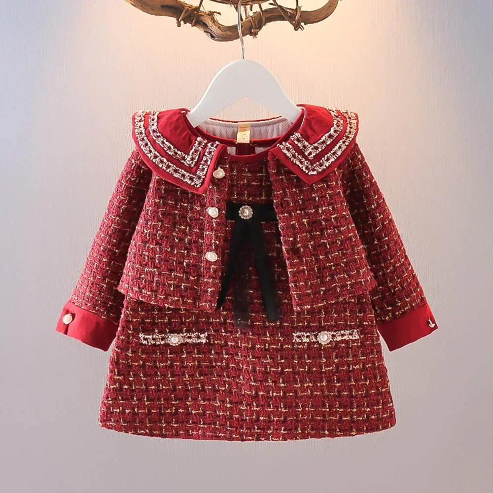 

Fashion Kids Girls Princess Plaided Clothes Set Autumn Baby Children Long Sleeve Coat Outwear+Tank-Dress 2pcs Sweet Suit