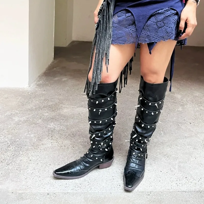 

Punk Pointed Toe Rivet Knee-High Boots Slip-On Chunky Heel Long Botines Metal Buckle Knight Boats Femininas Chaussure Femme