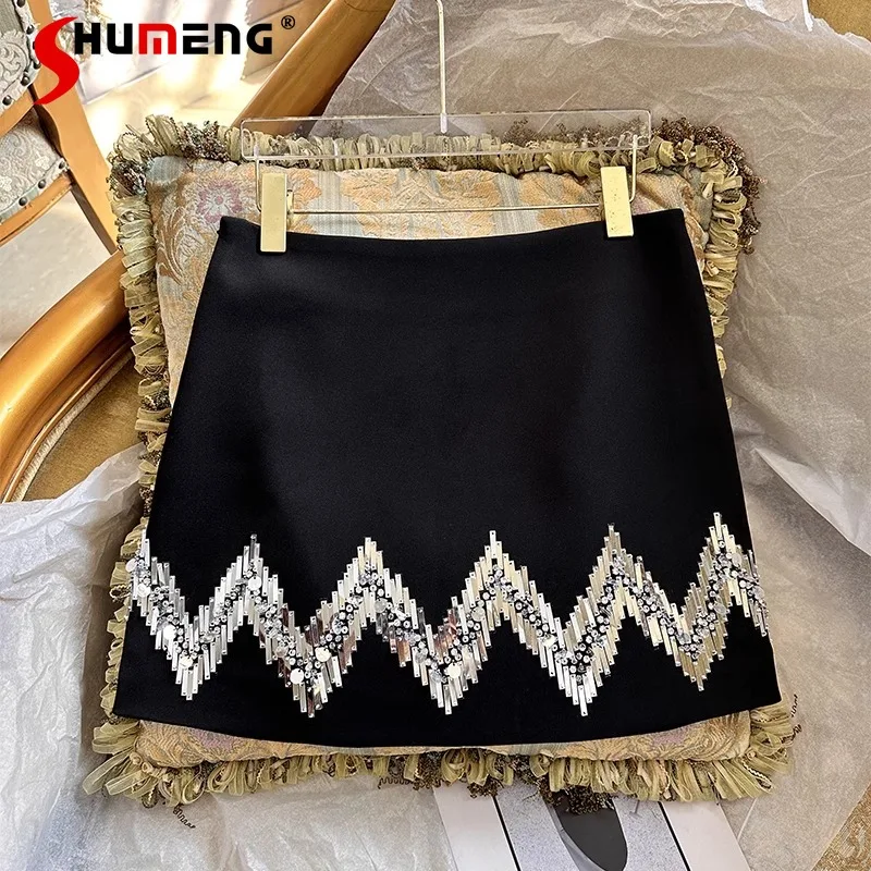 

2024 Summer New Heavy Industry Beads Skirt Elegant Sequined Embroidered Socialite Style Elegant Lady Black Short Skirt Female