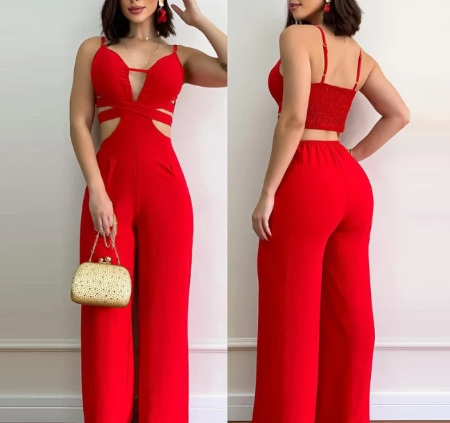 

Jumpsuit for Woman 2023 Plunge Cutout Shirred Open Back Spaghetti Strap Jumpsuit Summer Hollow Straight Sexy Long Jumpsuit