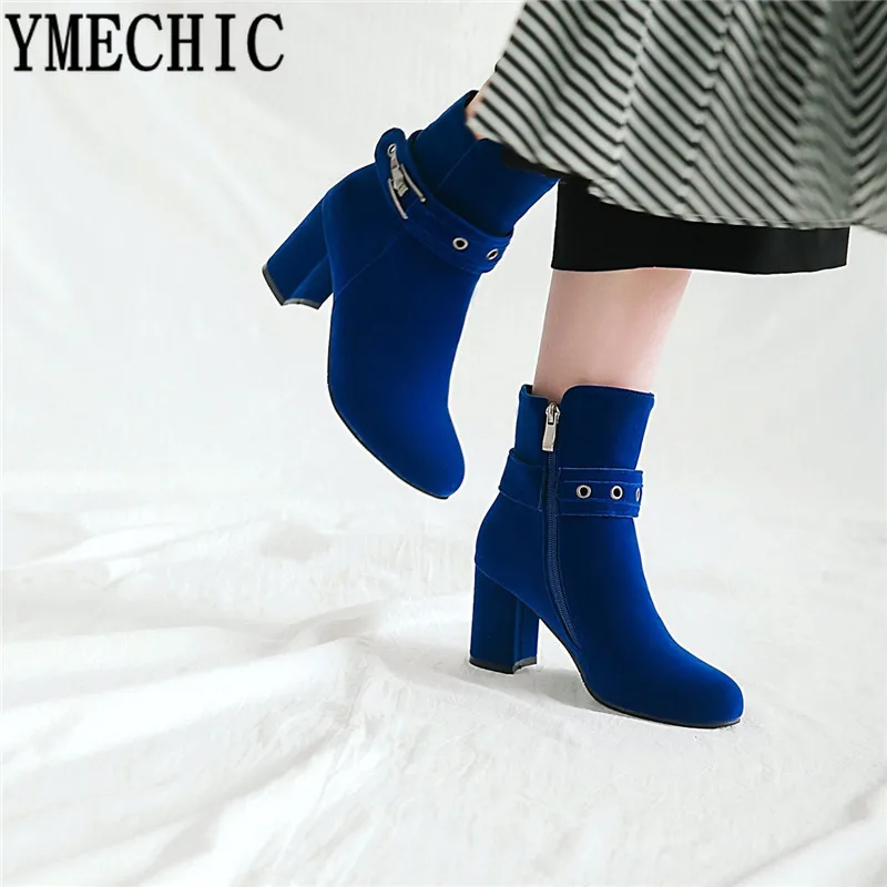 

YMECHIC 2023 Red Blue Black High Heels Womens Shoes Flock Fashion Shoes 2018 Winter Ankle Boots Buckle Plus Size Bootie Female