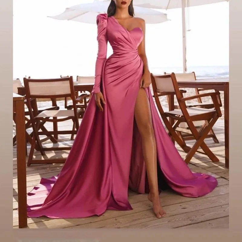 Hot Sexy Slit Satin A-line Evening Dresses 2021 One Shoulder Sweetheart Women Dress For Party Vestido Robes Solid Pink
Hot Sexy Slit Satin A-line Evening Dresses 2021 One Shoulder Sweetheart Women Dress For Party Vestido Robes Solid Pink