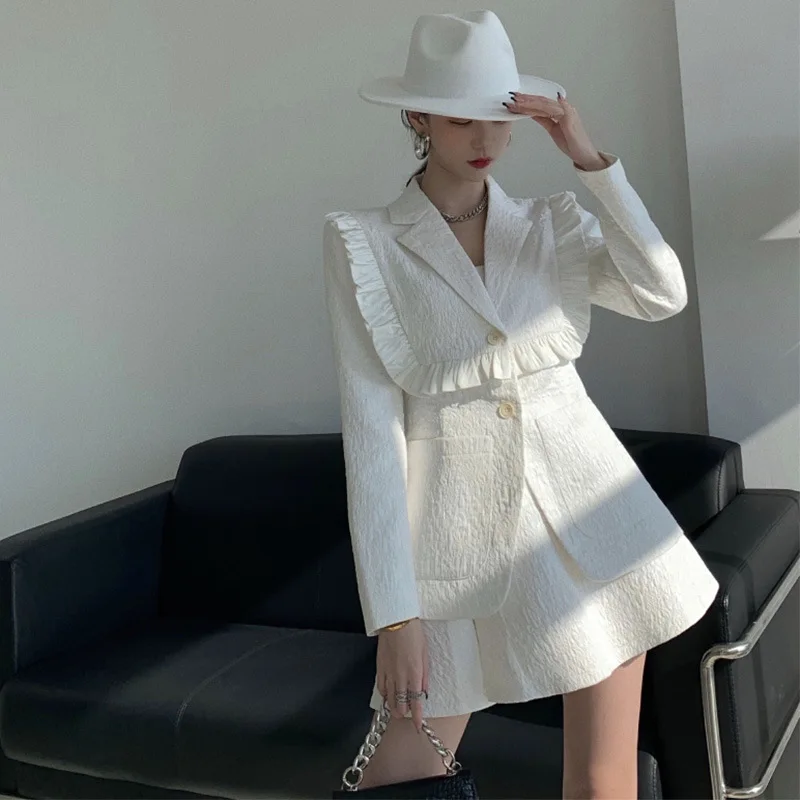 

Новый элегантный осенний белый короткий облегающий мини-костюм с юбкой, однобортный пиджак, пальто, костюмы из 2 предметов, деловой женский жакет