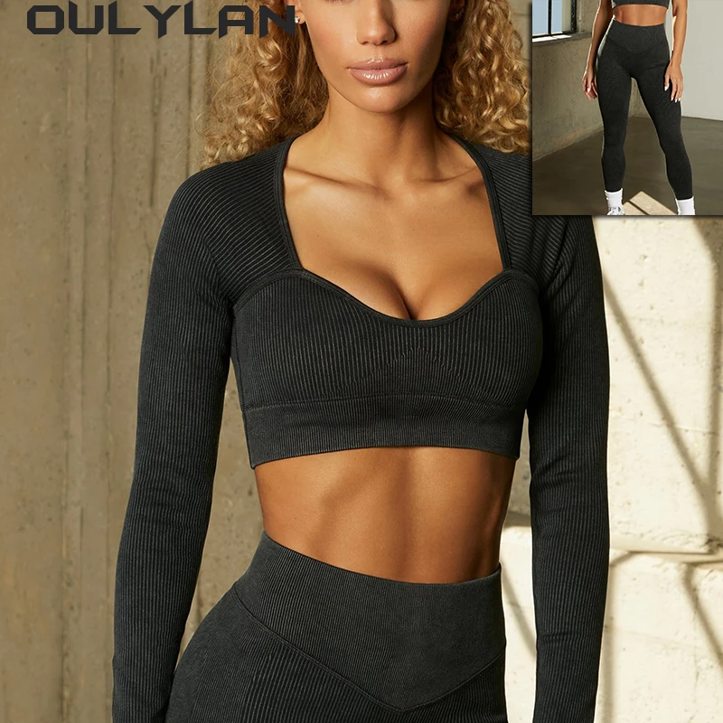 

Ribbed Long Sleeved Sportswear Women Yoga Set Seamless High Waisted Hip Lifting Pants Female Sport Gym Suits Wear