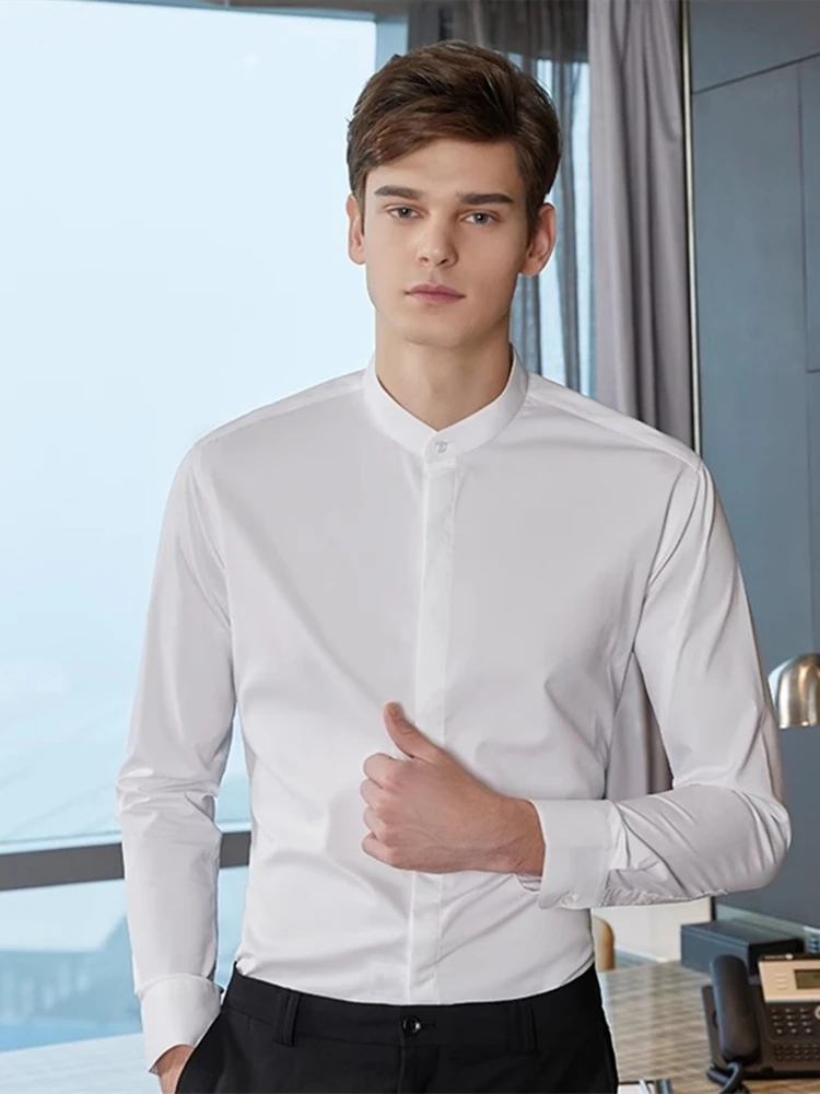 

Fashionable Long Sleeved Business Hidden Placket Round Neck Wrinkle Resistant Shirt