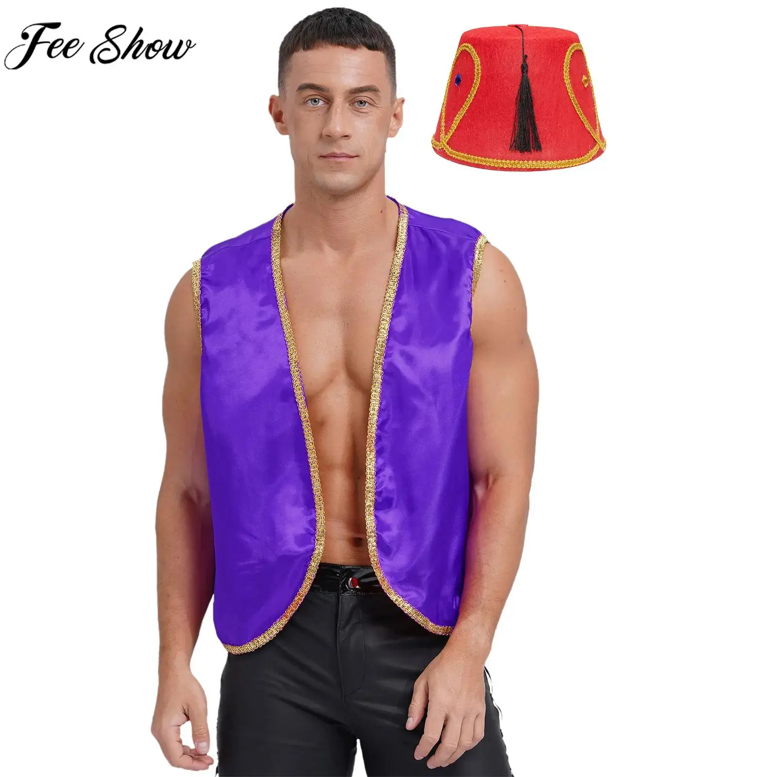 Men Arabian Prince Dress Up Vest Halloween Carnival Theme Party Cosplay Costume Gold Trim Open Front Satin Waistcoat with Hat
Men Arabian Prince Dress Up Vest Halloween Carnival Theme Party Cosplay Costume Gold Trim Open Front Satin Waistcoat with Hat