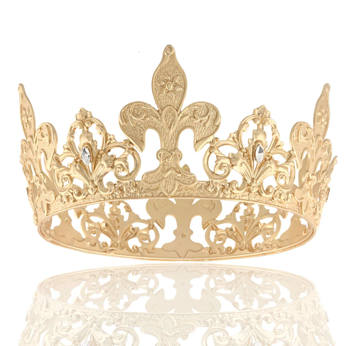 

Baroque Vintage Royal Men King Crowns Round Big Gold Tiaras Metal Queen Crowns Women Prom Party Costume Crystal Pageant Diadem