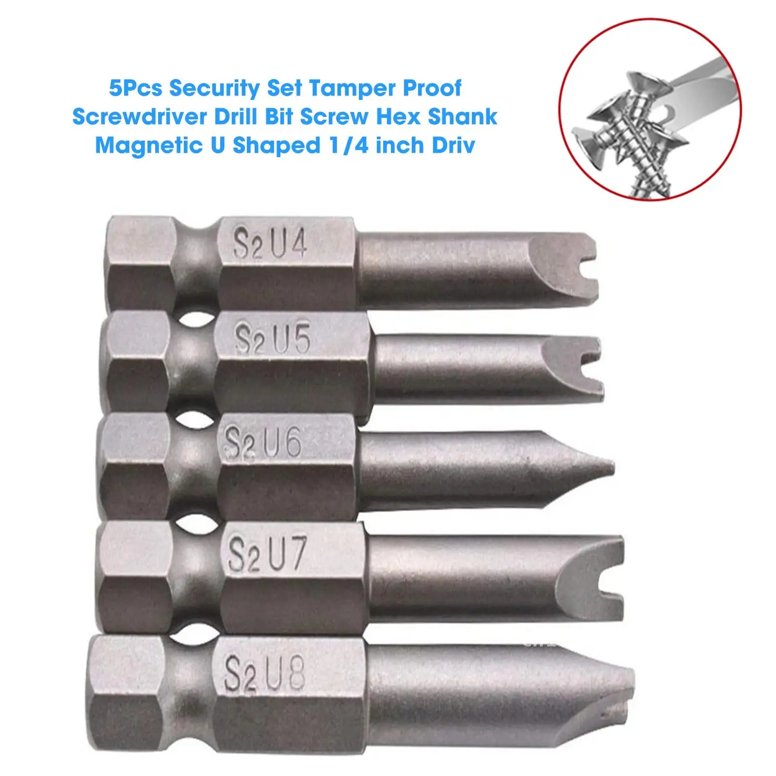 Tamper Proof Screwdriver Drill Bit Set 5Pcs Hex Shank Magnetic U Shaped Security 1/4 inch Driv
Tamper Proof Screwdriver Drill Bit Set 5Pcs Hex Shank Magnetic U Shaped Security 1/4 inch Driv