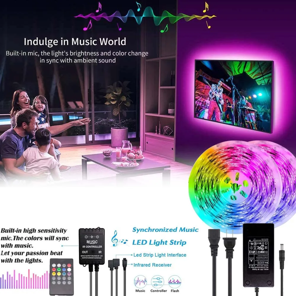 Комплекты светодиодной ленты Sync To Music SMD 5050 RGB Tape Bluetooth ИК-контроллер, изменение цвета по музыкальному ритму, окружасветильник с питанием
Комплекты светодиодной ленты Sync To Music SMD 5050 RGB Tape Bluetooth ИК-контроллер, изменение цвета по музыкальному ритму, окружасветильник с питанием