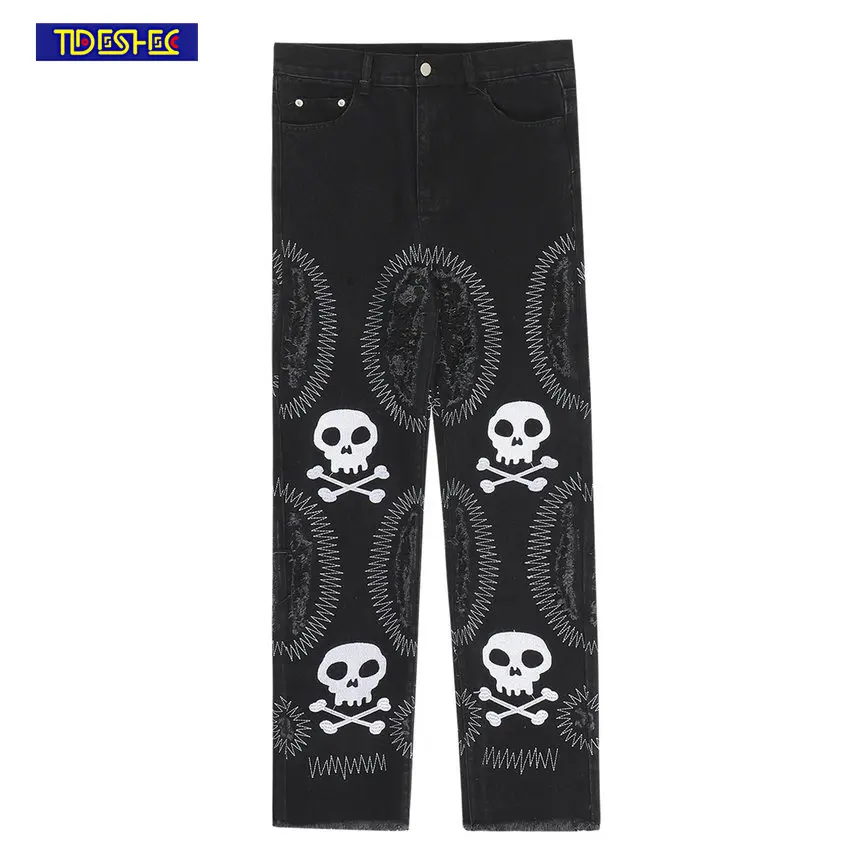 Harajuku Ripped Straight Jeans Hip Hop Skulls Embroidery Distressed Punk Jeans Pants for Men Streetwear Casual Denim Trousers
Harajuku Ripped Straight Jeans Hip Hop Skulls Embroidery Distressed Punk Jeans Pants for Men Streetwear Casual Denim Trousers