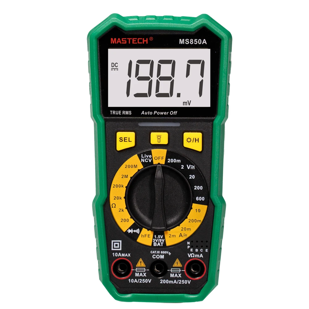 Мультиметр Mastech MS850A, тестер, цифровой мультиметр, 2000 отсчетов, автоматический выбор диапазона, измерение напряжения переменного/постоянного тока и температуры
Мультиметр Mastech MS850A, тестер, цифровой мультиметр, 2000 отсчетов, автоматический выбор диапазона, измерение напряжения переменного/постоянного тока и температуры