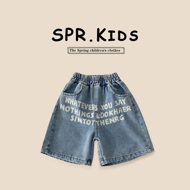 

Детская одежда, шорты с надписью для мальчиков, лето 2024, модные тонкие повседневные Простые Модные Детские Джинсы средней длины в Корейском стиле
