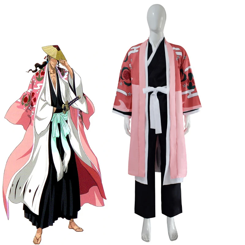 

Kyoraku Shunsui Cosplay Anime Bleach 8th Division Captain Costume for Men Black Uniform Pink Kimono Suit Halloween Party Outfit