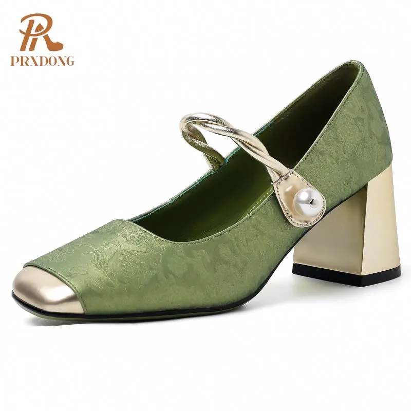 

PRXDONG 2024 New Spring SUmmer CHunky High Heels Qulaity Leather Shoes Woman Pumps Black Green Dress Party Mary Janes Size 40
