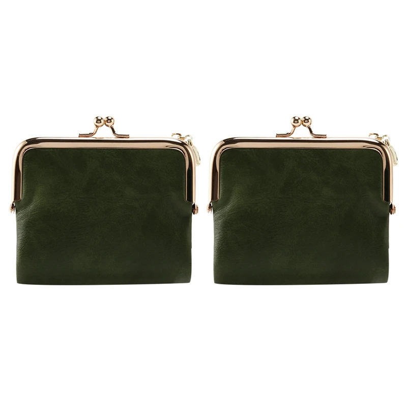 

2X Women's Short Wallet Bifold Retro Multifunction Coin Purse With Zip And Kiss Lock Green