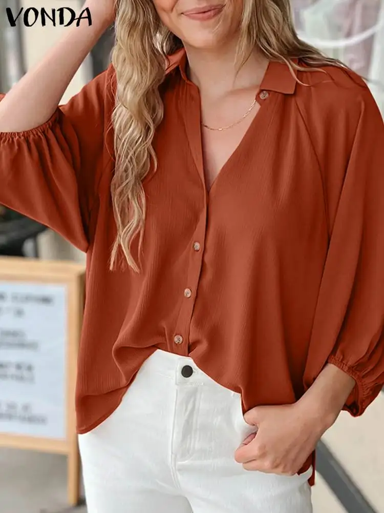 

VONDA Fashion Blouses Women Shirts 2024 Autumn Long Sleeve Buttons Solid Color Tunic Tops Lapel Casual Loose Blusas Femininas