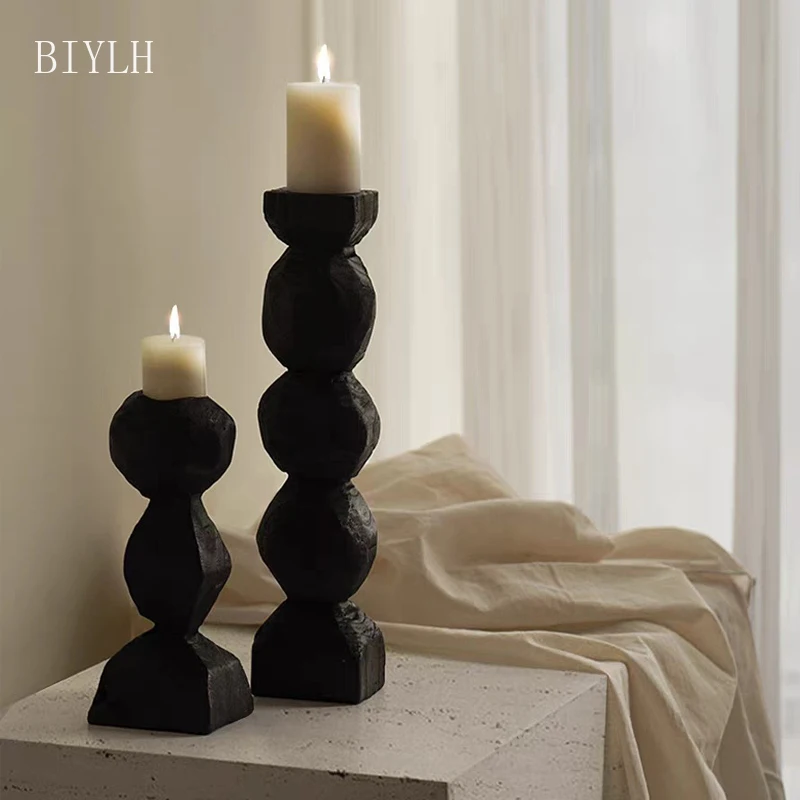 

Retro Style Black Carbonized Wood Candle Holder Home Decoration Tabletop Ornaments Holiday Celebration Decor Candlestick Gift