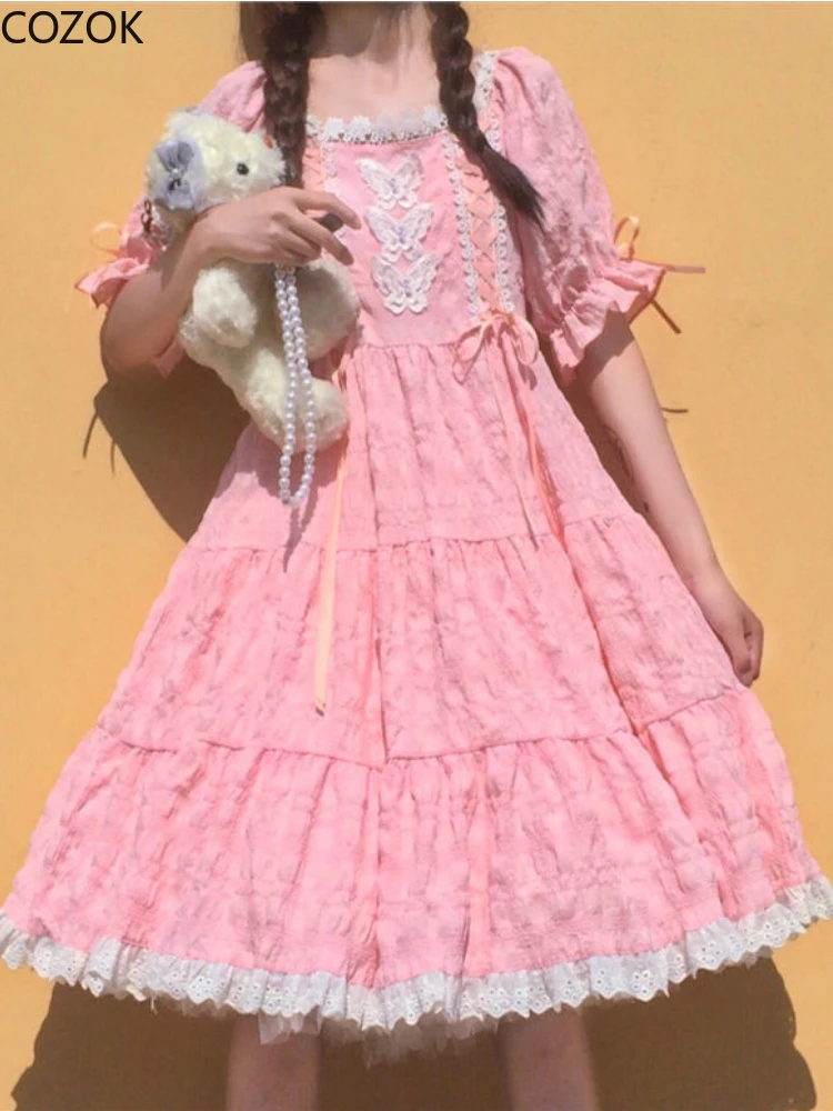 Japanese Sweet Pink Lolita Style Dress Women Kawaii Ruffles Lace Bandaged Bow Flare Sleeve Fairy Dresses Girly Party Mini Dress
Japanese Sweet Pink Lolita Style Dress Women Kawaii Ruffles Lace Bandaged Bow Flare Sleeve Fairy Dresses Girly Party Mini Dress