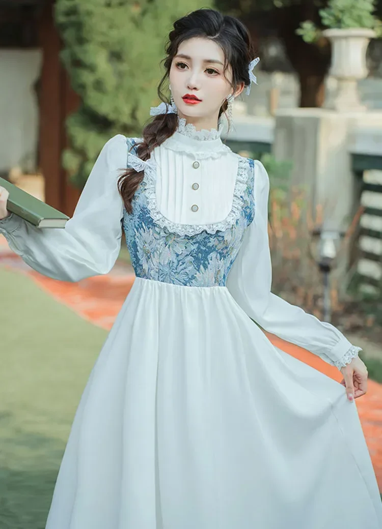 

Женское винтажное жаккардовое платье средней длины, белое платье во французском викторианском стиле с цветочным кружевом и длинным рукавом, женское платье в викторианском стиле