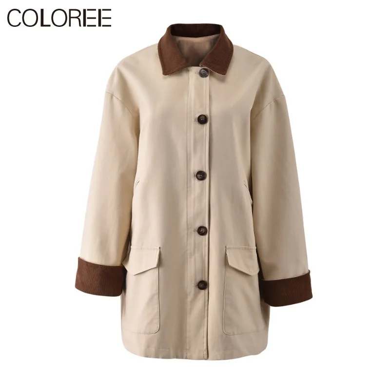 

Vintage Khaki Patchwork Trench Coat for Women 2023 Autumn Medium Long Jacket Abrigo Mujer Luxury New in Outerwears