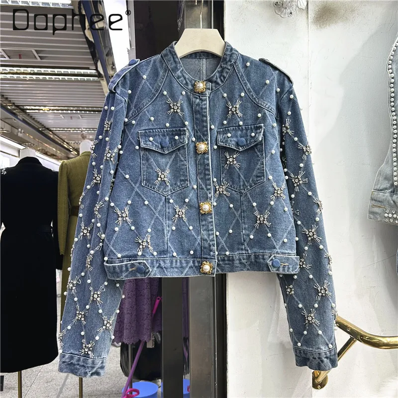 

Streetwear Women Blue Beads Crop Jean Jacket 2024 Spring New Loose Ins Long Sleeve Rhinestones Short Denim Coat Jaqueta Feminina