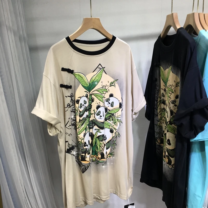 

Chinese Style Frog Short Sleeve T-shirt Hot Drilling Cute Panda Printing O-neck Pullover Top All-match O-neck Casual Cotton Tees