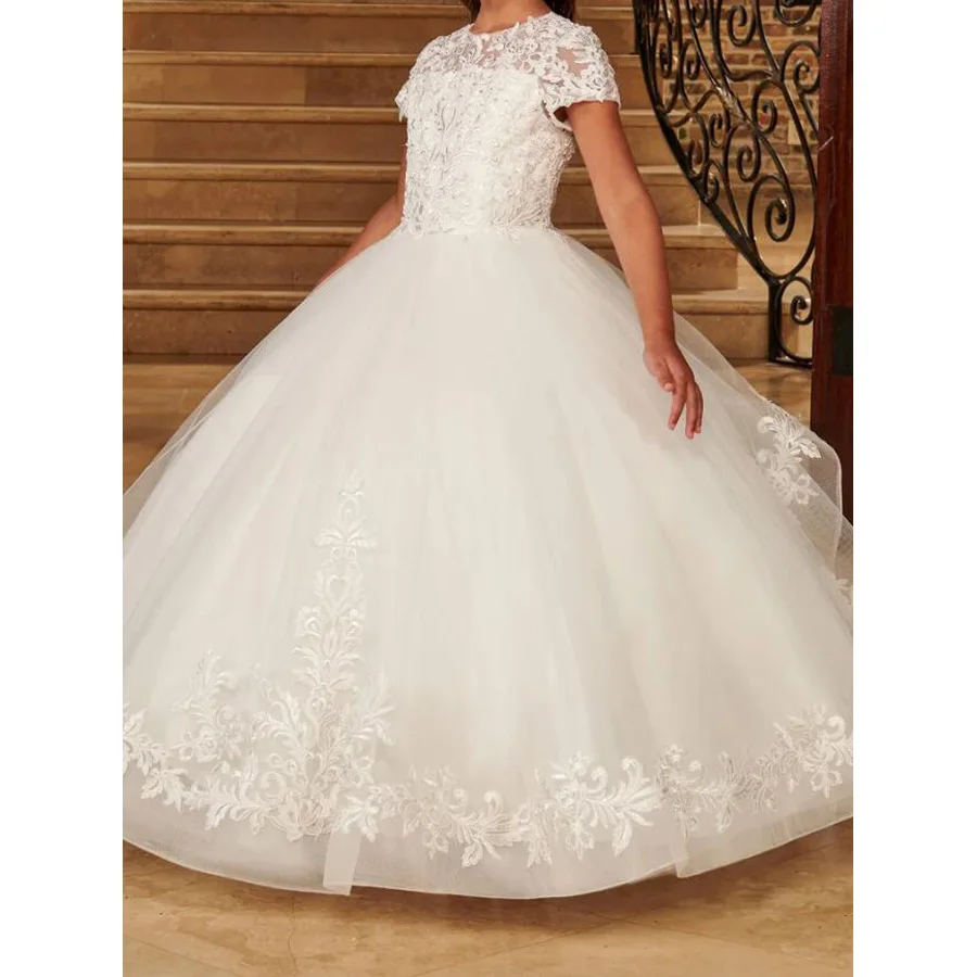 Lovely Flower Girls Dress Ball Gown Crew Short Sleeves Girls' Party Dress Floral Applique with Beads
Lovely Flower Girls Dress Ball Gown Crew Short Sleeves Girls' Party Dress Floral Applique with Beads