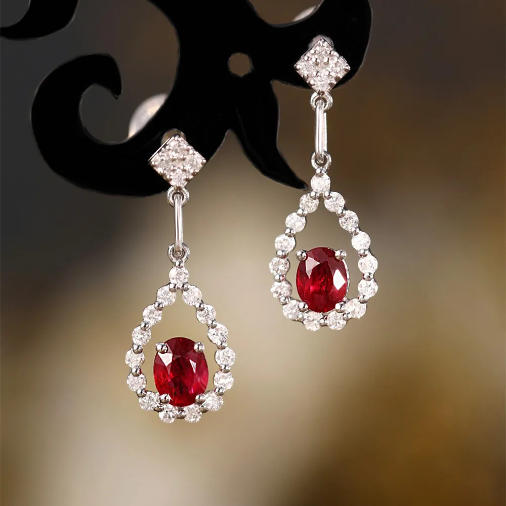 

UBESTNICE Romantic Real 18K Solid White Gold AU750 Jewerly Natural Diamonds High Grade Red Gemstone Ruby Water Drop Earrings