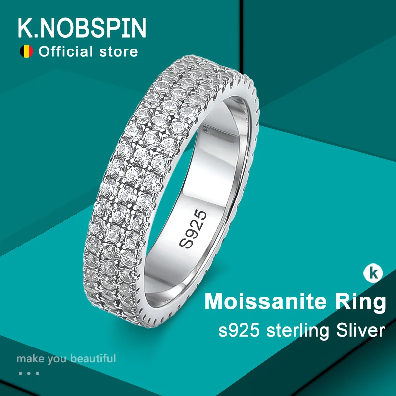 

KNOBSPIN Full Moissanite Ring 925 Sterling Sliver Plated 18k Eternity Band Hip Hop Rings for Woman Man Party Sparkling Jewely