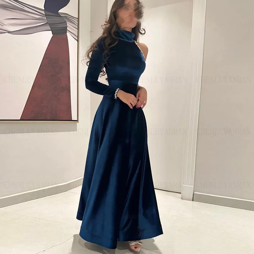 

Blue Velour Formal Occasion Dresses 2024 High Neck A-line Long Ball Gown Sequin Beads Elegant Evening Party Gowns فساتين الحفلات