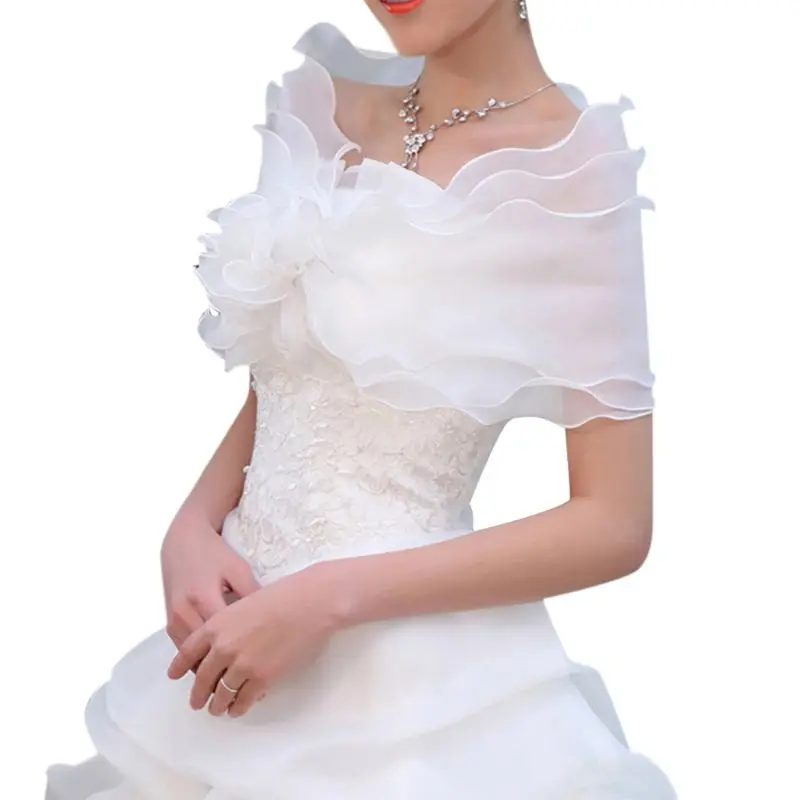 

White Elegant Flower Multi Layer Tulle Shawl Wedding Wrap Bridal Chiffon Short Coat Fairy Marriage Accessories