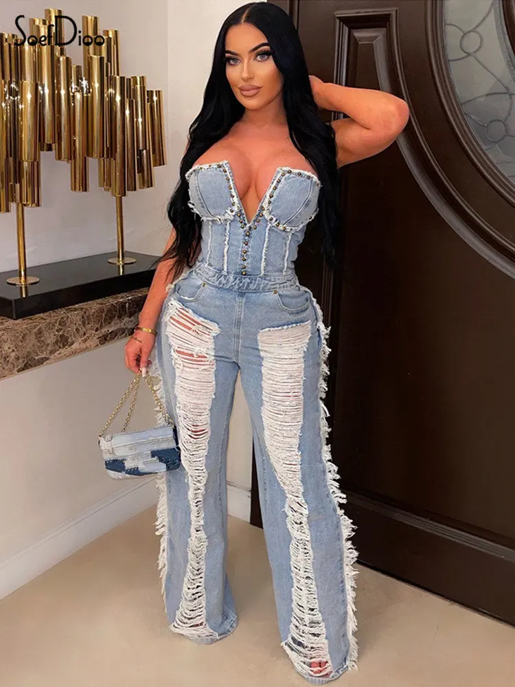 Soefdioo Blue Tassel Ripped Denim Jumpsuit Women 2023 Sexy V-neck Wrapped Chest Backless One Piece Rompers Harajuku Streetwear
Soefdioo Blue Tassel Ripped Denim Jumpsuit Women 2023 Sexy V-neck Wrapped Chest Backless One Piece Rompers Harajuku Streetwear