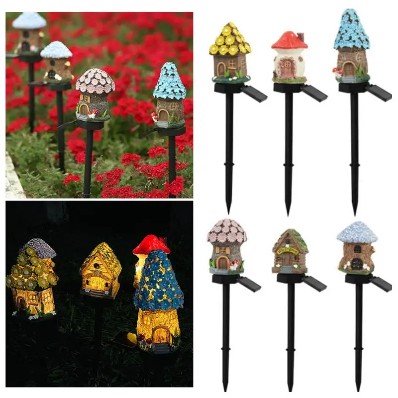 

Solar Lawn Light Multi Craft Miniature Fairy House Solar Powered Outdoor Decor LED Garden Light Resin Cottage Christmas Lamp