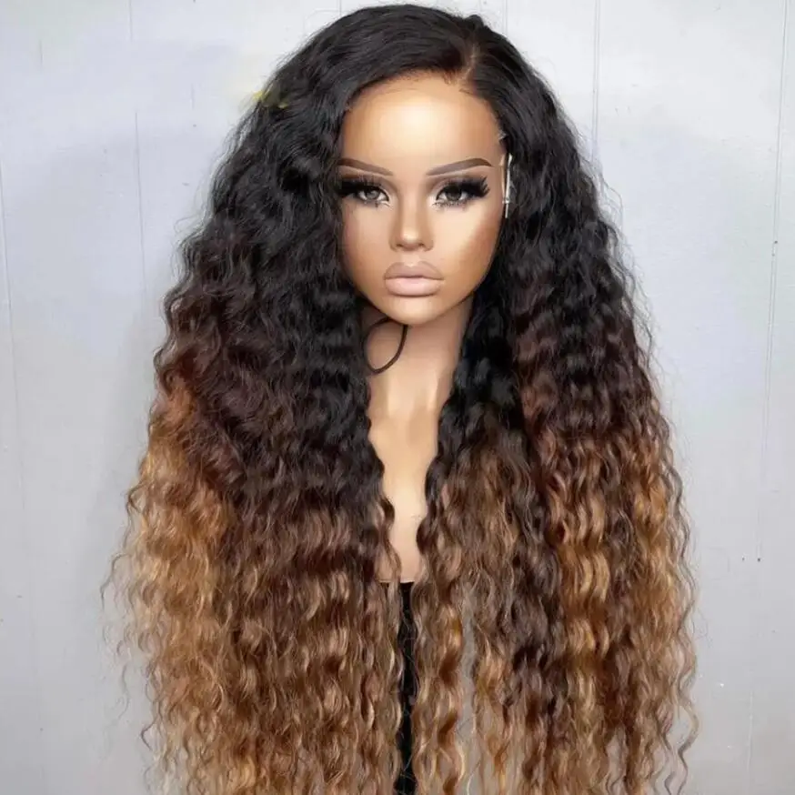

180Density 26inch Soft Natural Ombre Brown Deep Curly Lace Front Wig For Black Women BabyHair Glueless Preplucked Heat Resistant