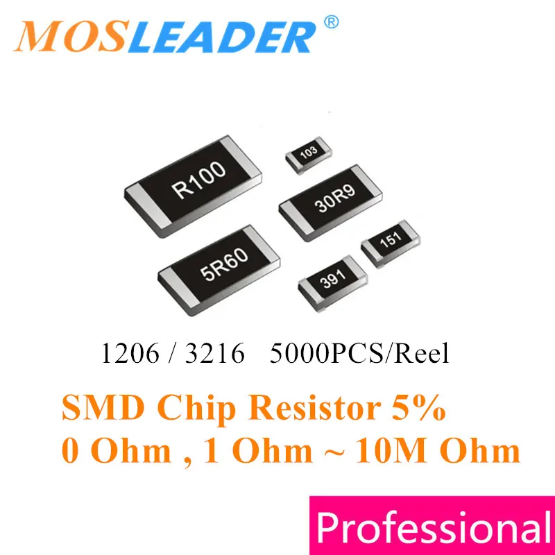 

Mosleader 5000pcs 5% 1206 0R ~ 10M Series 3216 0 Ohm SMD Chip Resistor 10R 51R 91R 100R 1K 4.7K 5.1K 10K 47K 51K 91K 100K 1M