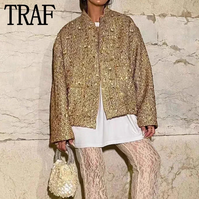 TRAF Sequin Oversize Jacket Woman Cropped Tweed Jacket For Women Luxury Gold Long Sleeve Bomber Jackets Old Money Autumn Jacket
TRAF Sequin Oversize Jacket Woman Cropped Tweed Jacket For Women Luxury Gold Long Sleeve Bomber Jackets Old Money Autumn Jacket