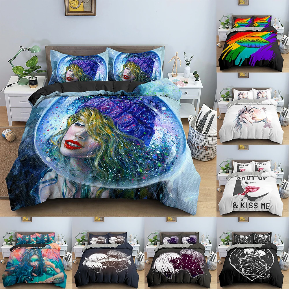 

Lovers Kiss Duvet Cover Set Personality Bedding Set For Girls Bedroom Twin Full Queen King Size Comforter Cover With Pillowcase