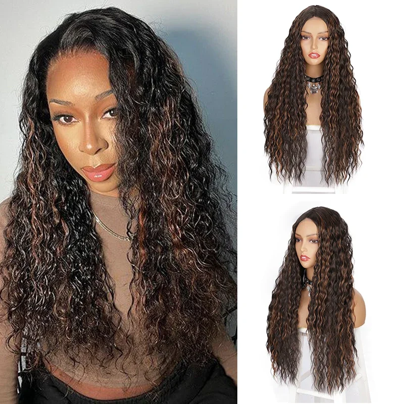 

Long Curly Wig 24inch Water Wave Wigs for Women Ombre Synthetic Heat Resistant Deep Wave Middle Part Wig Peruca Cosplay Burgundy