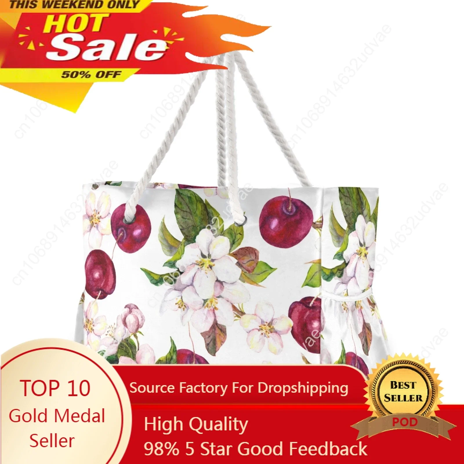 

Новая женская нейлоновая сумка через плечо с цветами вишни и ягодами вишни, Женская вместительная пляжная сумка, женская сумка для покупок