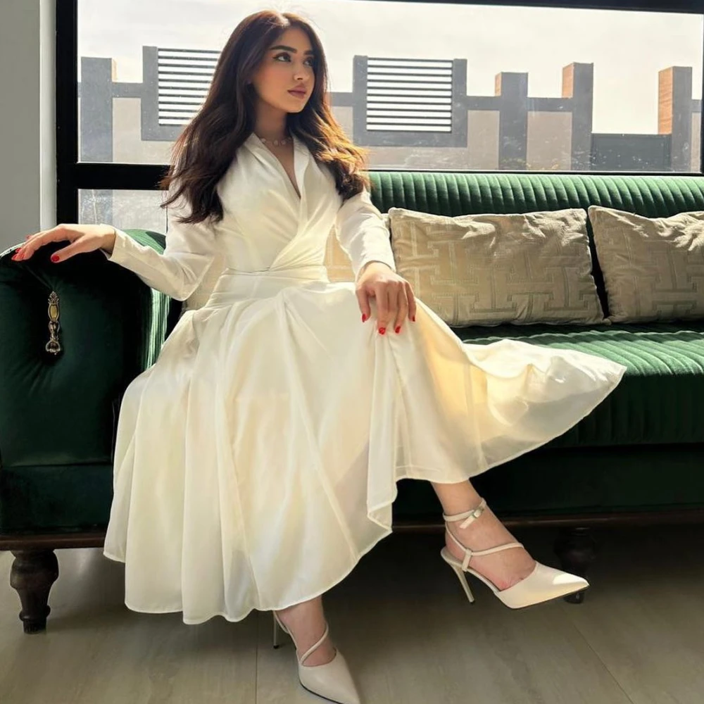 Qcenkern V Neck Tea Length Evening Formal Satin Long Sleeves Simple White Party Dresses Gowns Women Robes de Soirée 2023
Qcenkern V Neck Tea Length Evening Formal Satin Long Sleeves Simple White Party Dresses Gowns Women Robes de Soirée 2023