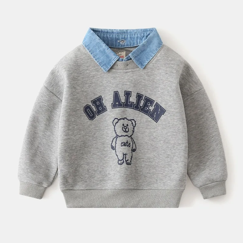 2025 New Style Kids Clothes Pullover Cotton Fake Two-Piece Sweatshirt 2-7Y Children Boys Girl Bear Print Casual Fleece Lined Top 2025 New Style Kids Clothes Pullover Cotton Fake Two-Piece Sweatshirt 2-7Y Children Boys Girl Bear Print Casual Fleece Lined Top